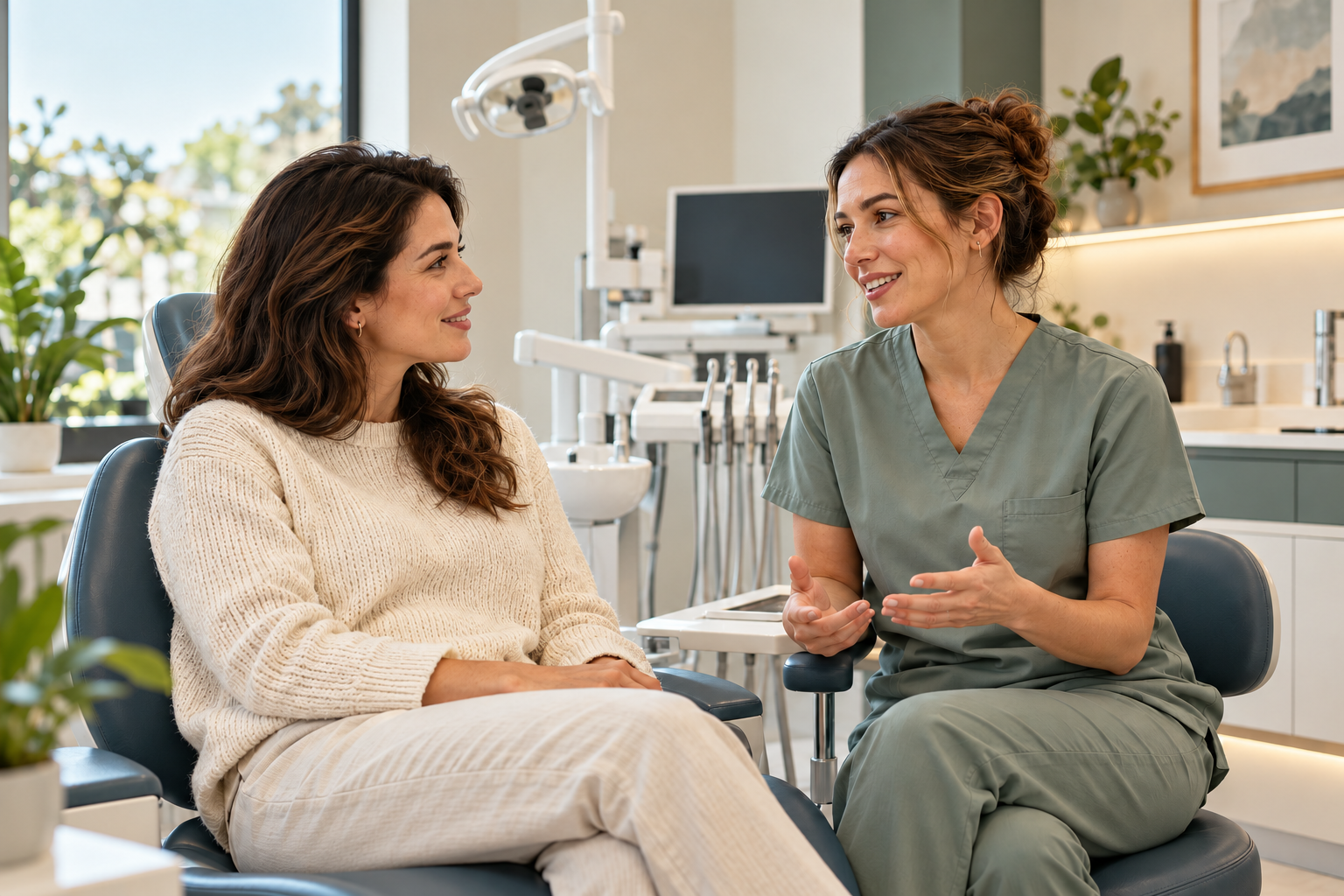 Dentista conversa con una paciente en una consulta luminosa